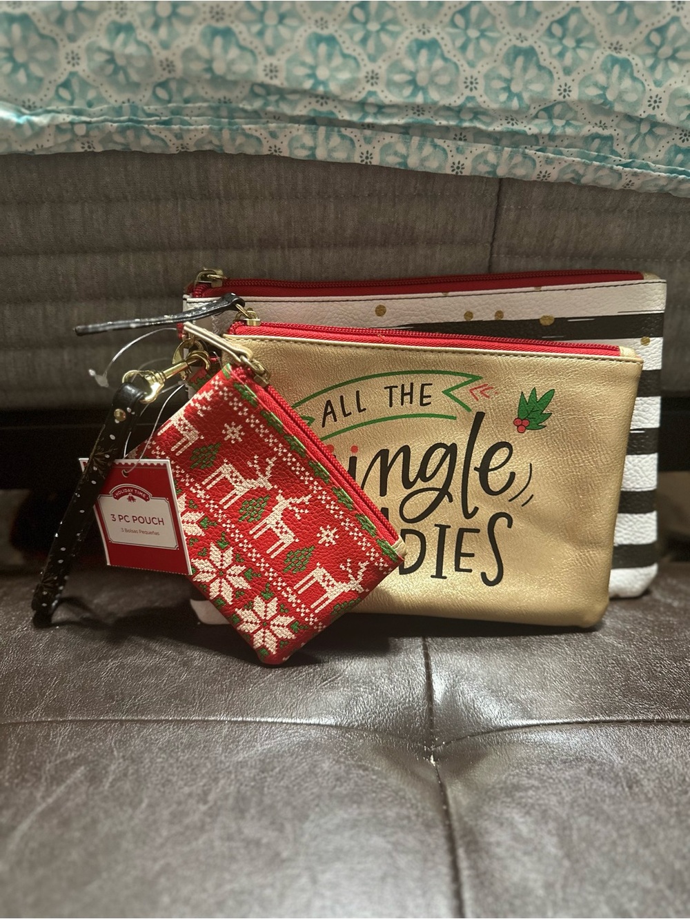 Holiday Time 3-Piece Festive Pouch Set - Red, Gold, Black